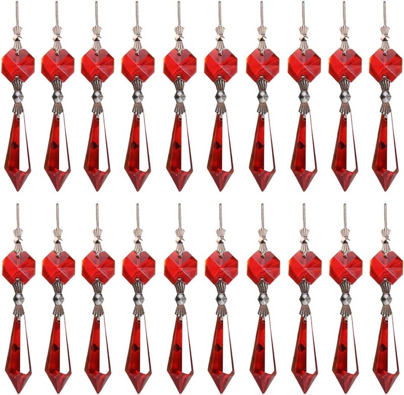 LONGSHENG 20pcs Red Crystal Chandelier Icicle Prisms Lamp Candelabra Replacement Parts with Octagon Beads,DIY Crystal Curtain Pendants 38mm - Image 1