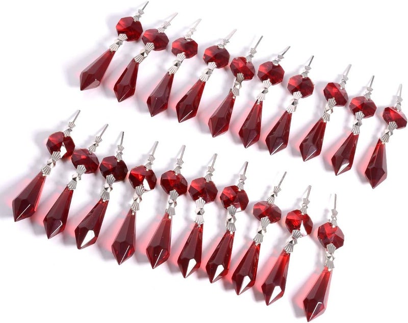 LONGSHENG 20pcs Red Crystal Chandelier Icicle Prisms Lamp Candelabra Replacement Parts with Octagon Beads,DIY Crystal Curtain Pendants 38mm - Image 2