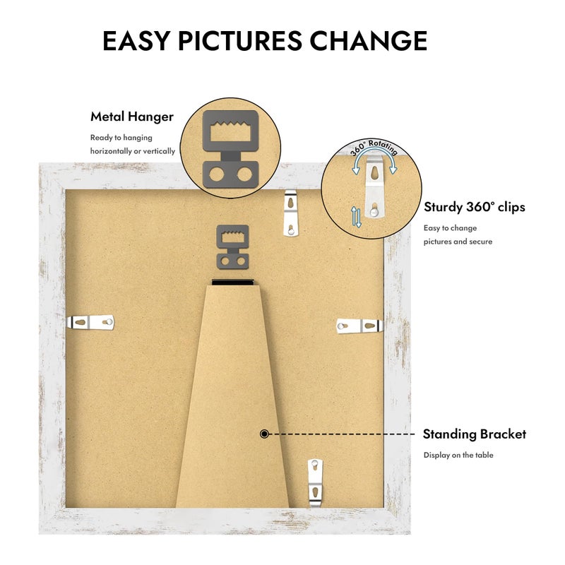 Hongkee 6x6 Picture Frame with Glass, Display Pictures 4x4 with Mat or 6 x 6 without Mat - Wall and Tabletop, 6 by 6 Photo Wooden Frames (Distressed White, 1 Pack) - Image 4