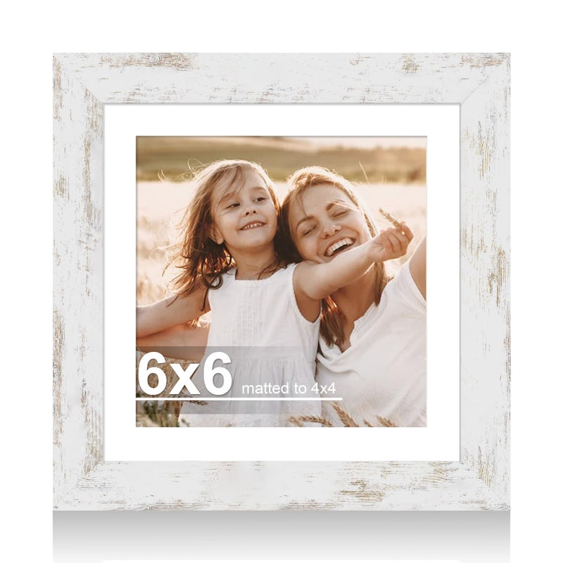 Hongkee 6x6 Picture Frame with Glass, Display Pictures 4x4 with Mat or 6 x 6 without Mat - Wall and Tabletop, 6 by 6 Photo Wooden Frames (Distressed White, 1 Pack) - Image 1