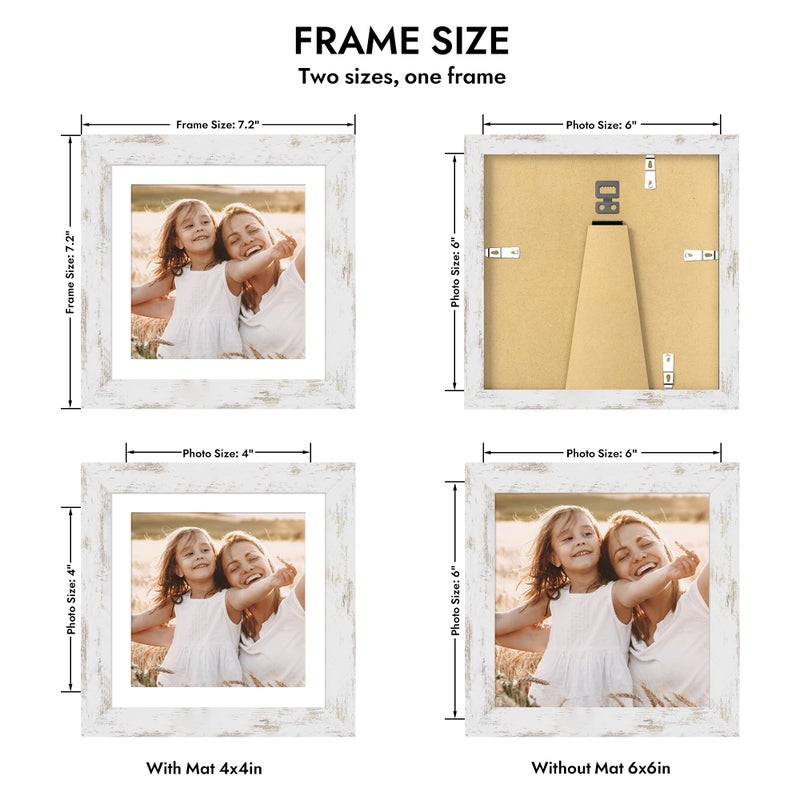 Hongkee 6x6 Picture Frame with Glass, Display Pictures 4x4 with Mat or 6 x 6 without Mat - Wall and Tabletop, 6 by 6 Photo Wooden Frames (Distressed White, 1 Pack) - Image 2
