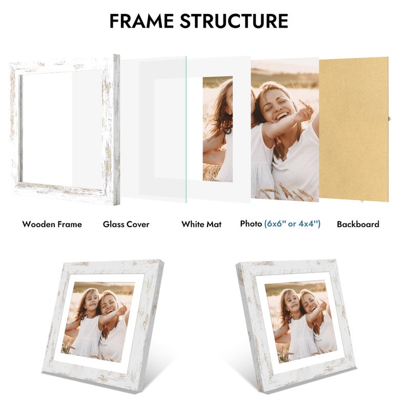 Hongkee 6x6 Picture Frame with Glass, Display Pictures 4x4 with Mat or 6 x 6 without Mat - Wall and Tabletop, 6 by 6 Photo Wooden Frames (Distressed White, 1 Pack) - Image 5