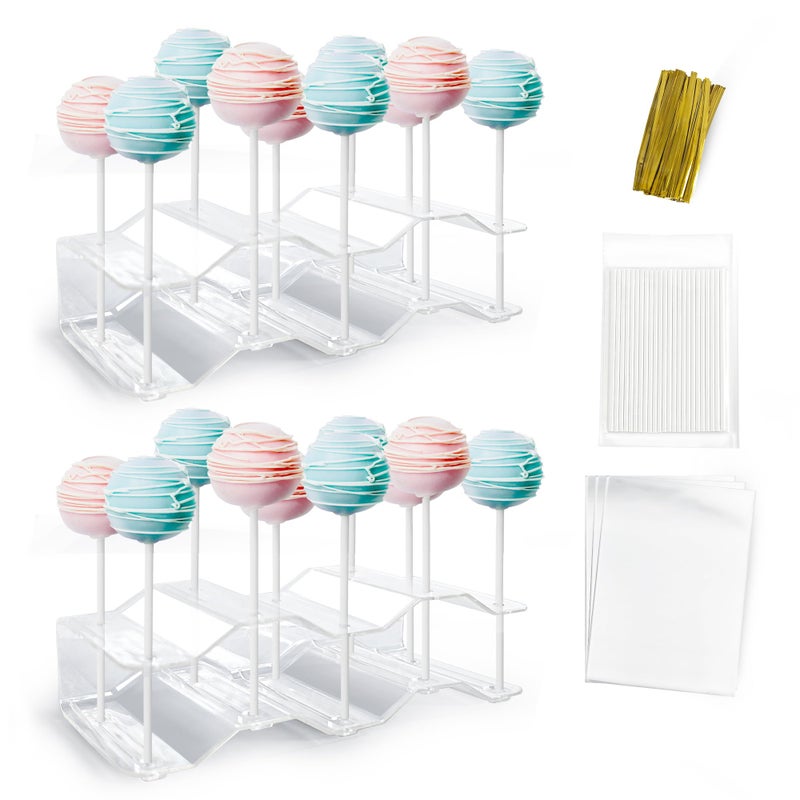 NWK 2 Pieces Cake Pop Stands with Sticks Kit. Lollipop Holders Candy Display Stand 10 Holes with 50 Pcs Sticks, 50 Pcs Clear Wrappers, 50 Pcs Gold Twist Ties (Clear) - Image 1