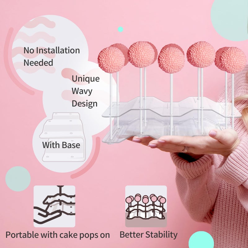 NWK 2 Pieces Cake Pop Stands with Sticks Kit. Lollipop Holders Candy Display Stand 10 Holes with 50 Pcs Sticks, 50 Pcs Clear Wrappers, 50 Pcs Gold Twist Ties (Clear) - Image 4