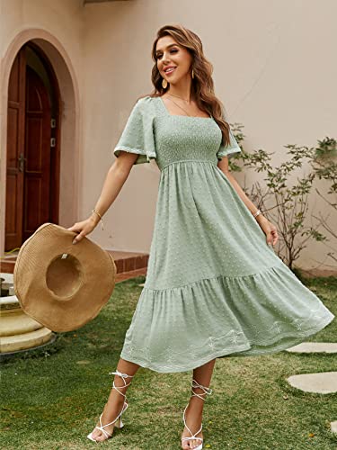 Glamaker Women's Summer Casual Short Sleeve Smocked Square Neck A Line Flowy Midi Dress Midi Dress - Image 2