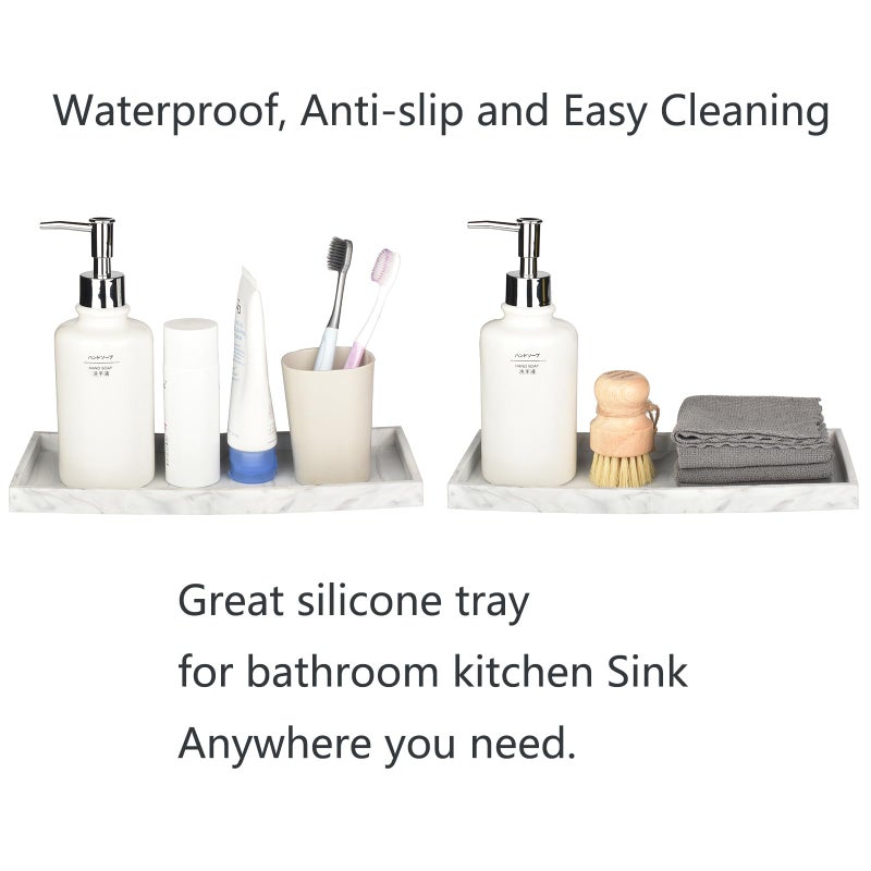 Dnc 2Pc 7.9"" Small Silicone Bathroom Tray For Counter  Vanity Tray For Countertop  Kitchen Sink Soap Tray For Dish Holder Dispenser Toilet Tank Desk Organizer Marble White - Image 4