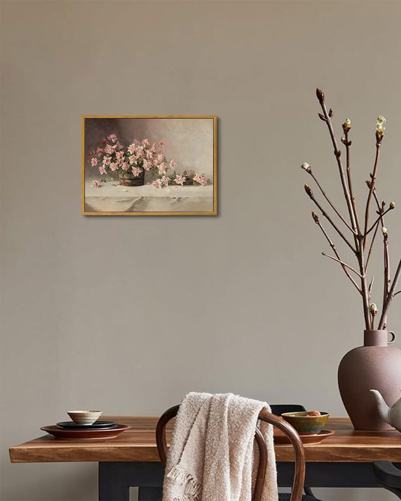 KISSFOX Vintage Floral Framed Wall Art Pink Flower Wall Art Paintings Pictures Wall Decor Modern Farmhouse Roses Canvas Art Prints Rustic Retro Still Life Artwork For Bedroom Kitchen Living Room - Image 4