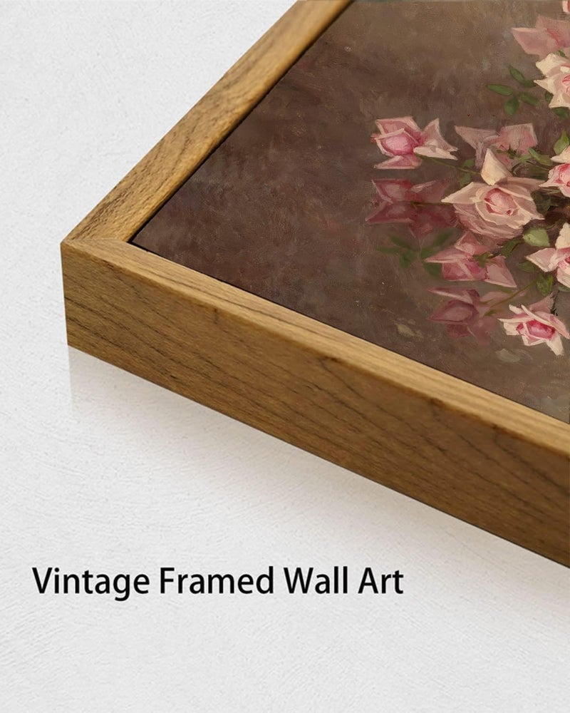 KISSFOX Vintage Floral Framed Wall Art Pink Flower Wall Art Paintings Pictures Wall Decor Modern Farmhouse Roses Canvas Art Prints Rustic Retro Still Life Artwork For Bedroom Kitchen Living Room - Image 5