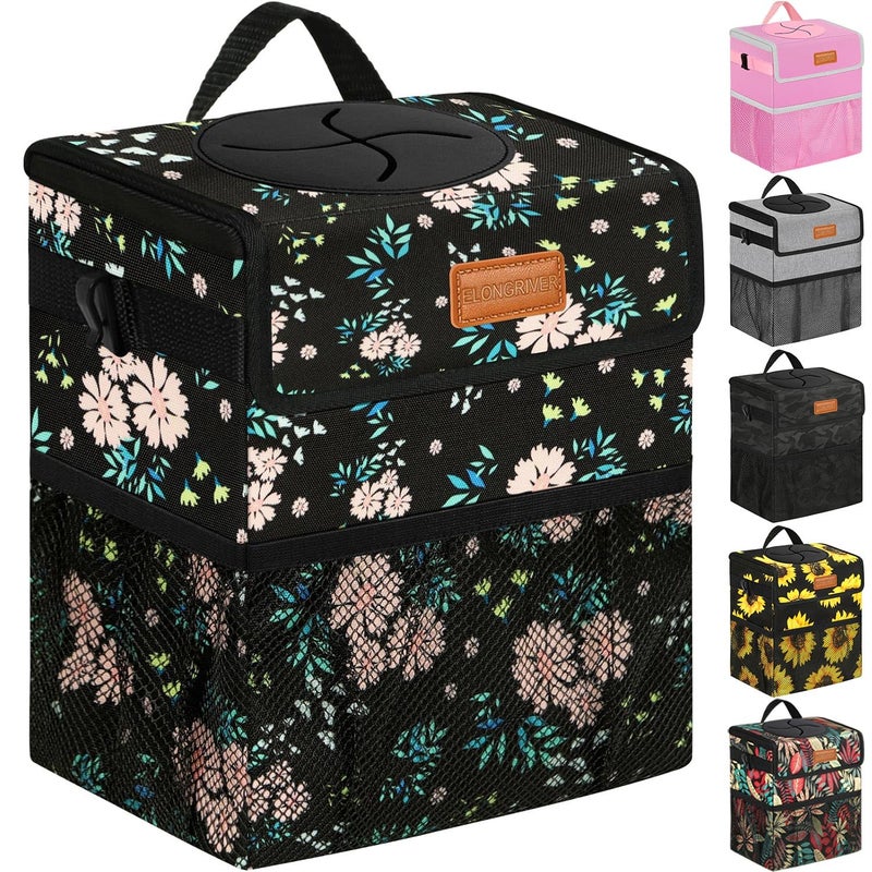 ELONGRIVER Car Trash Can Bin for Back Seat Leak Proof, Cute Car Trash Bag Hanging, Vehicle Trash Can for SUV Truck Van, Automotive Garbage Cans Front Seat Colorful Floral, 2 Gallons - Image 1