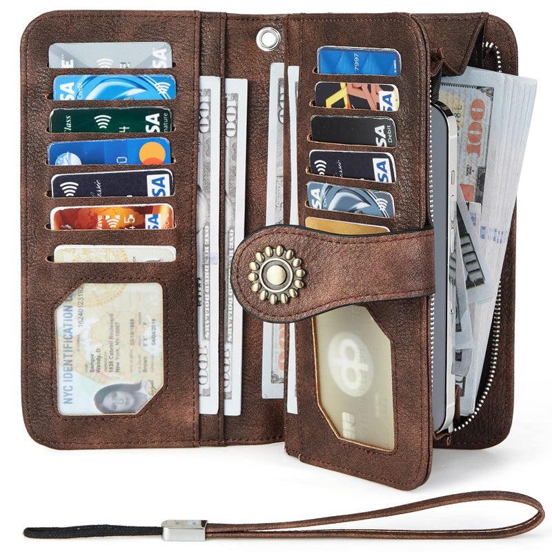 BOSTANTEN Leather Wallet for Women RFID Blocking Zip Around Credit Cards Holder Phone Clutch Brown - Image 2