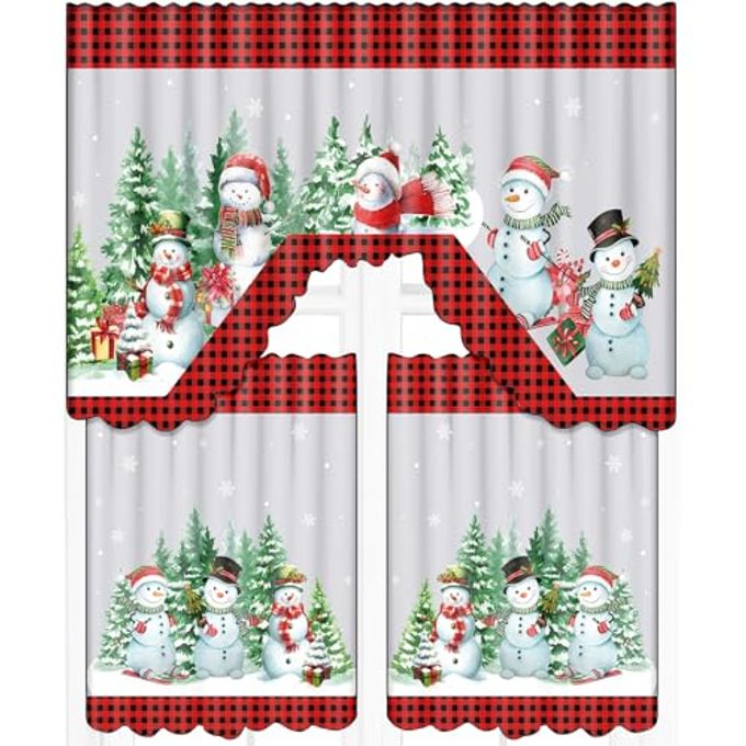 Frienda Christmas Kitchen Curtains Window Curtains and Valance Set Snowman Christmas Tree Buffalo Plaid Christmas Curtains Swag for Bedroom Living Room, 60 x 36 Valance, 36 x 30 Tier (Black, Red,) - Image 1