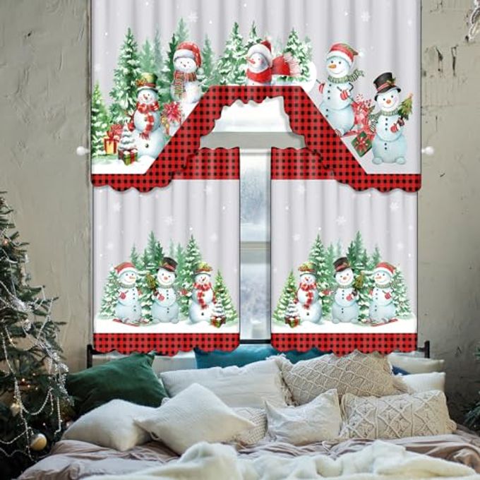 Frienda Christmas Kitchen Curtains Window Curtains and Valance Set Snowman Christmas Tree Buffalo Plaid Christmas Curtains Swag for Bedroom Living Room, 60 x 36 Valance, 36 x 30 Tier (Black, Red,) - Image 3