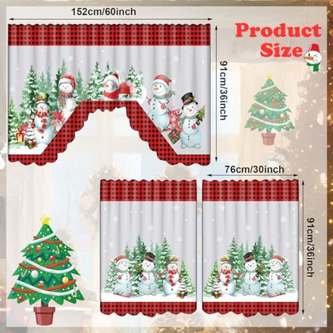 Frienda Christmas Kitchen Curtains Window Curtains and Valance Set Snowman Christmas Tree Buffalo Plaid Christmas Curtains Swag for Bedroom Living Room, 60 x 36 Valance, 36 x 30 Tier (Black, Red,) - Image 5