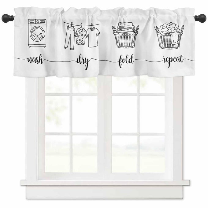 LAUNDRY CURTAIN VALANCE 54 X 18 SIMPLE LINE DRAWN WASH DRY FOLD REPEAT WINDOW VALANCES ROD POCKET CURTAINS DRAPES LAUNDRY ROUTINE SHORT TOPPER CURTAIN FOR KITCHEN CAFE LIVING ROOM 1 PANEL