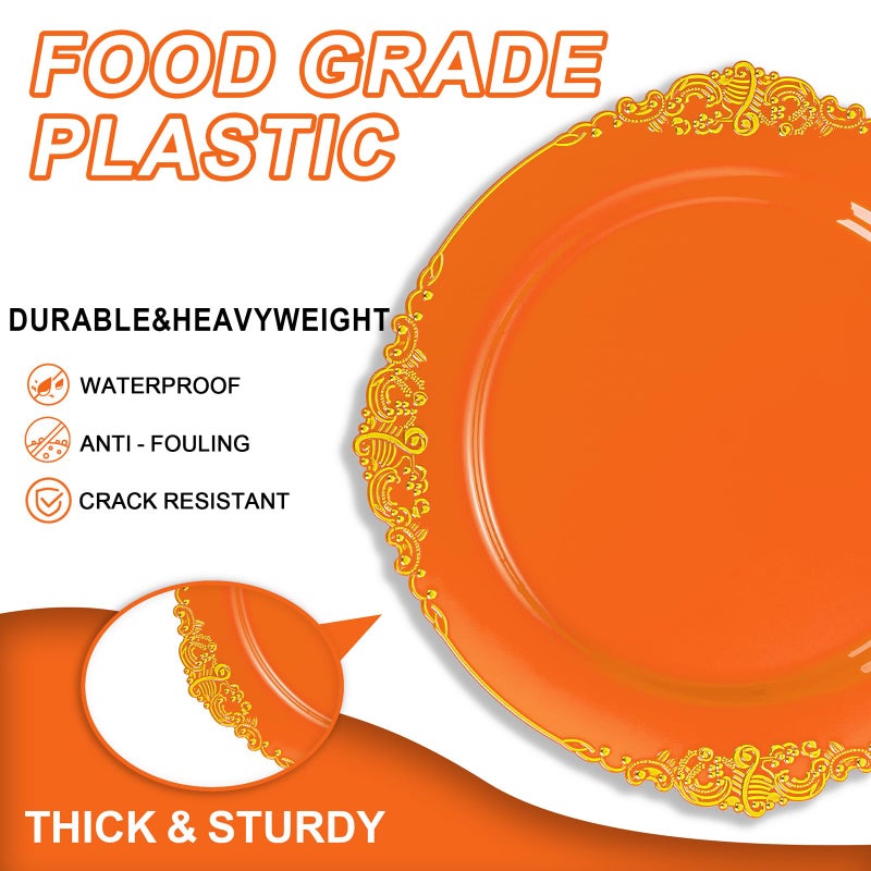 Joyido 102PCS Orange Plastic Plates - Orange and Gold Disposable Plates - Party Plates with Gold Rim - Include 51PCS 7.5inch Dessert Plates 51PCS 10.25inch Dinner Plates for Wedding & Party - Image 3