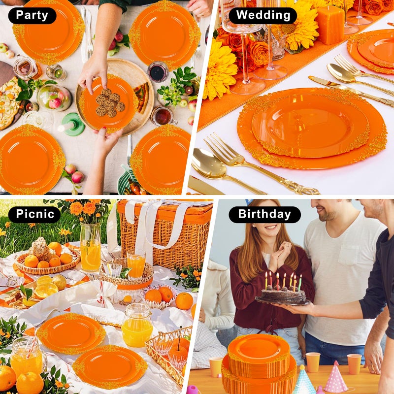 Joyido 102PCS Orange Plastic Plates - Orange and Gold Disposable Plates - Party Plates with Gold Rim - Include 51PCS 7.5inch Dessert Plates 51PCS 10.25inch Dinner Plates for Wedding & Party - Image 5