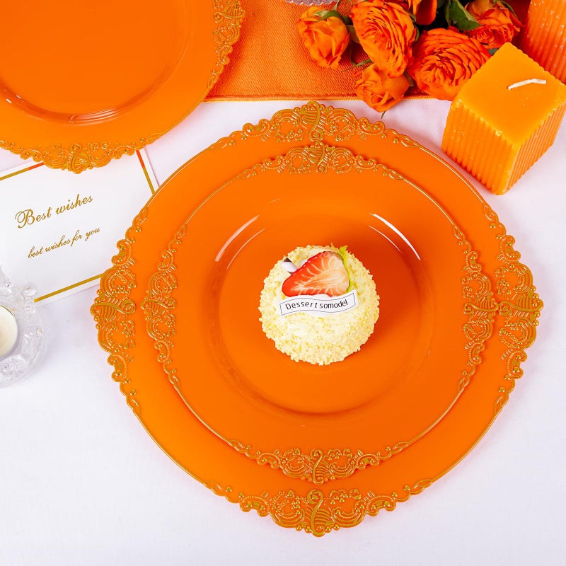 Joyido 102PCS Orange Plastic Plates - Orange and Gold Disposable Plates - Party Plates with Gold Rim - Include 51PCS 7.5inch Dessert Plates 51PCS 10.25inch Dinner Plates for Wedding & Party - Image 4