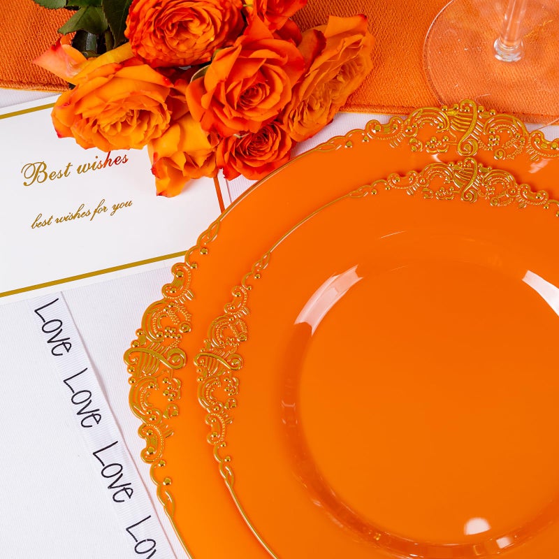 Joyido 102PCS Orange Plastic Plates - Orange and Gold Disposable Plates - Party Plates with Gold Rim - Include 51PCS 7.5inch Dessert Plates 51PCS 10.25inch Dinner Plates for Wedding & Party - Image 2
