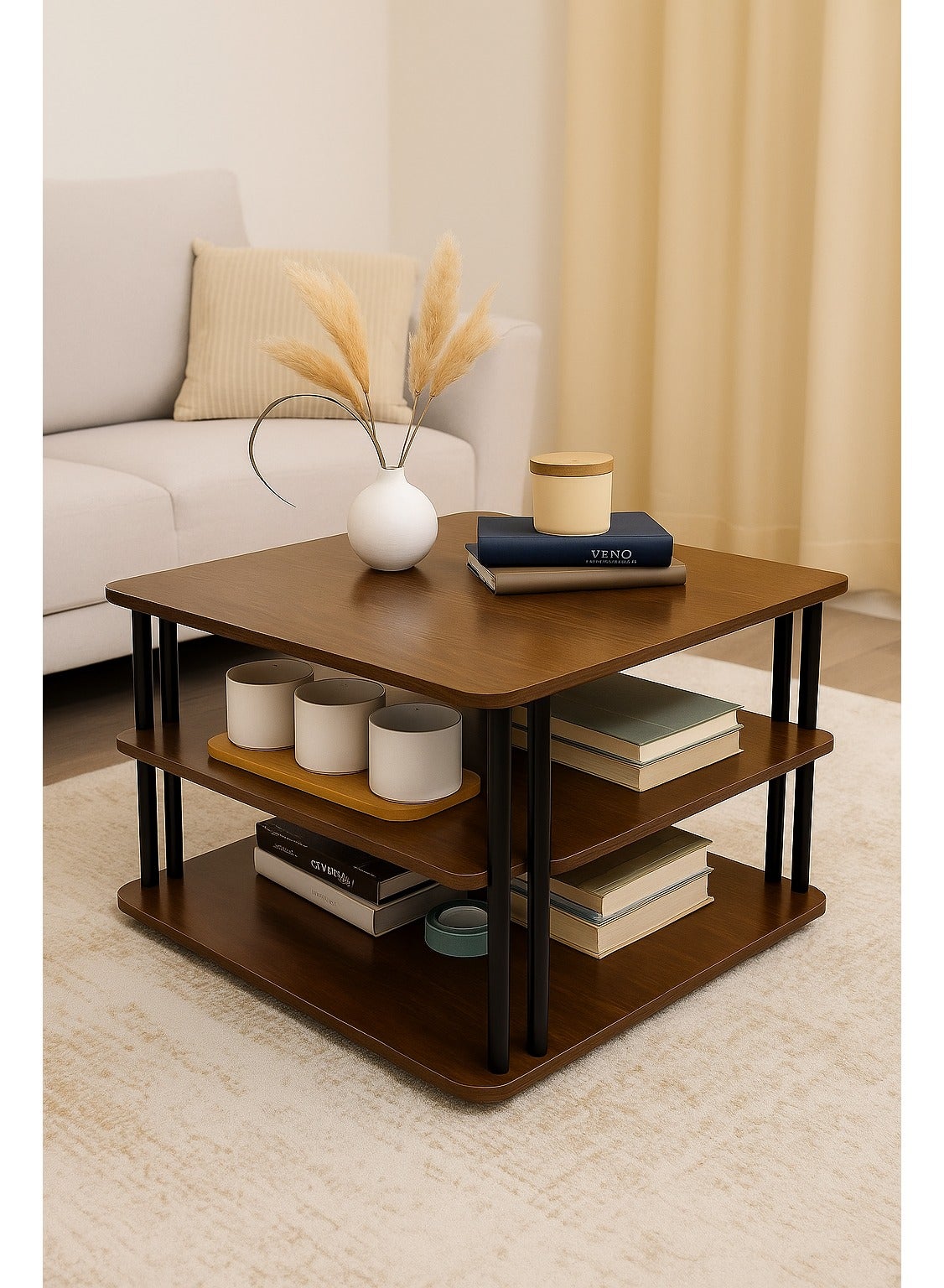 Harmony Home Center Table for Living Room – 3-Tier Wooden Coffee Table with Storage – Modern Tea Table with Metal Frame – Sofa Side Table for Home, Office & Reception – Brown