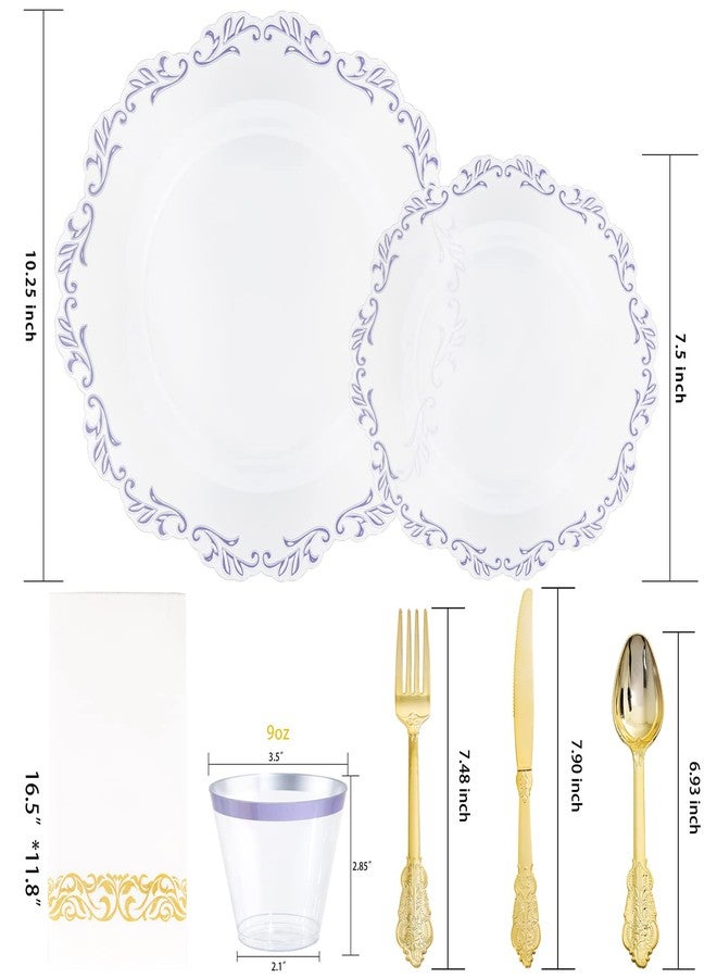 PULOTE 175PCS Purple Plastic Plates - Clear Plastic with Purple Rim - Include 25 Each (Dinner & Dessert) Plates, 25 Guests Cutlery, 25 Cups, 25 Napkins for Party & Spring - Image 2