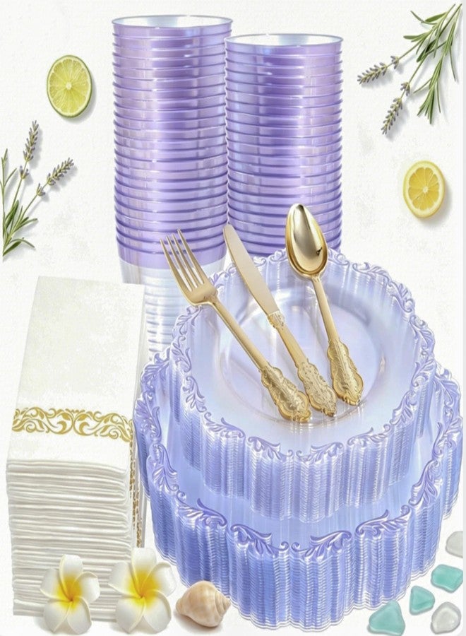 PULOTE 175PCS Purple Plastic Plates - Clear Plastic with Purple Rim - Include 25 Each (Dinner & Dessert) Plates, 25 Guests Cutlery, 25 Cups, 25 Napkins for Party & Spring - Image 1