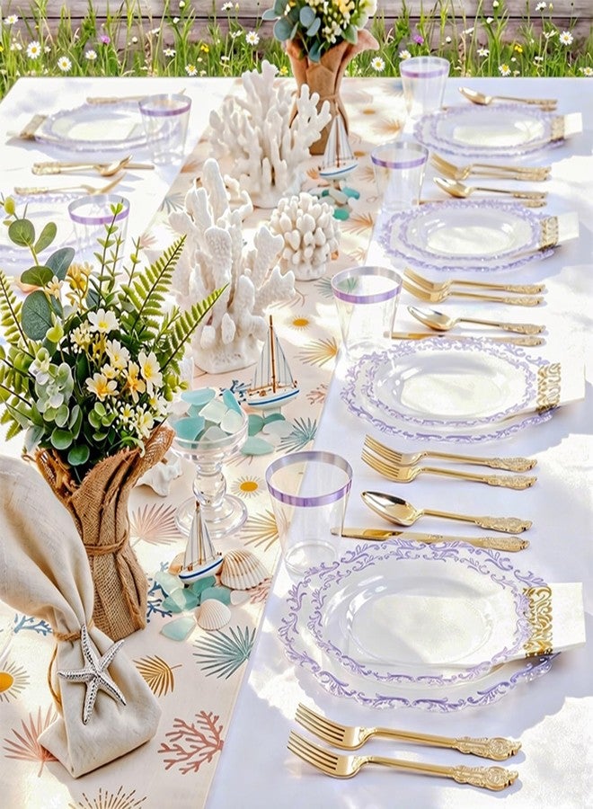PULOTE 175PCS Purple Plastic Plates - Clear Plastic with Purple Rim - Include 25 Each (Dinner & Dessert) Plates, 25 Guests Cutlery, 25 Cups, 25 Napkins for Party & Spring - Image 4