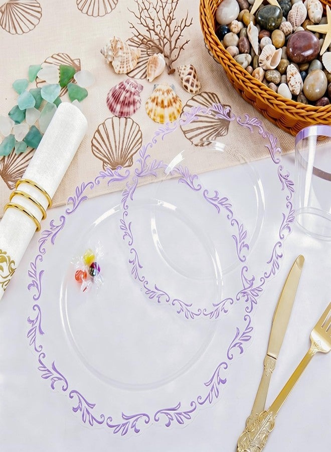 PULOTE 175PCS Purple Plastic Plates - Clear Plastic with Purple Rim - Include 25 Each (Dinner & Dessert) Plates, 25 Guests Cutlery, 25 Cups, 25 Napkins for Party & Spring - Image 5