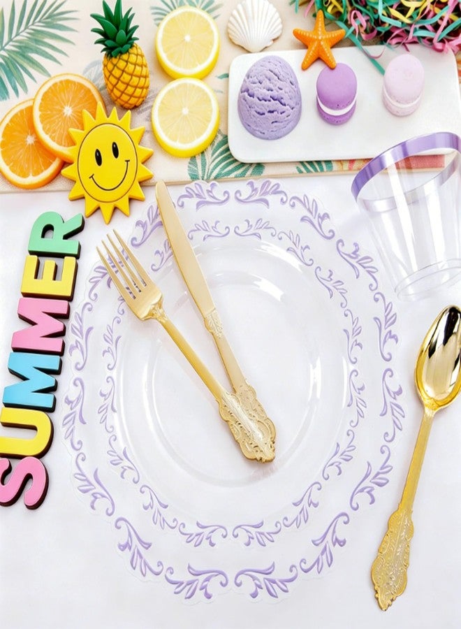 PULOTE 175PCS Purple Plastic Plates - Clear Plastic with Purple Rim - Include 25 Each (Dinner & Dessert) Plates, 25 Guests Cutlery, 25 Cups, 25 Napkins for Party & Spring - Image 3