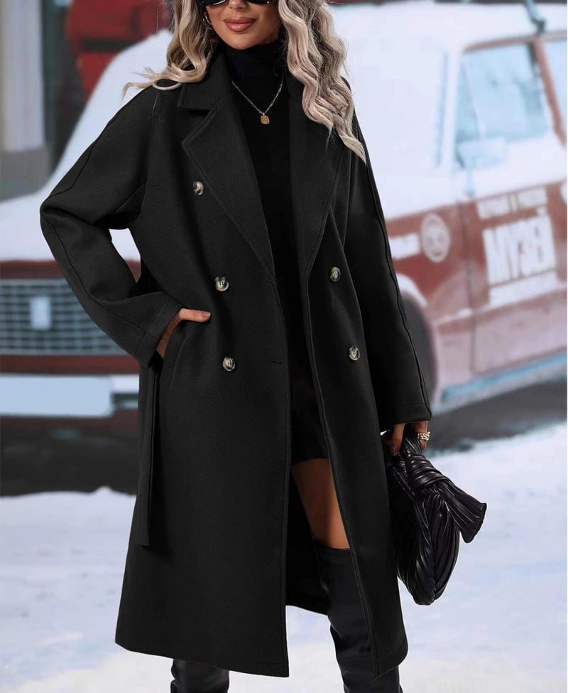OPCAKM Women's Winter Wool Blend Pea Coat Double Breasted Notch Lapel Long Trench Coat(Black-S) - Image 2