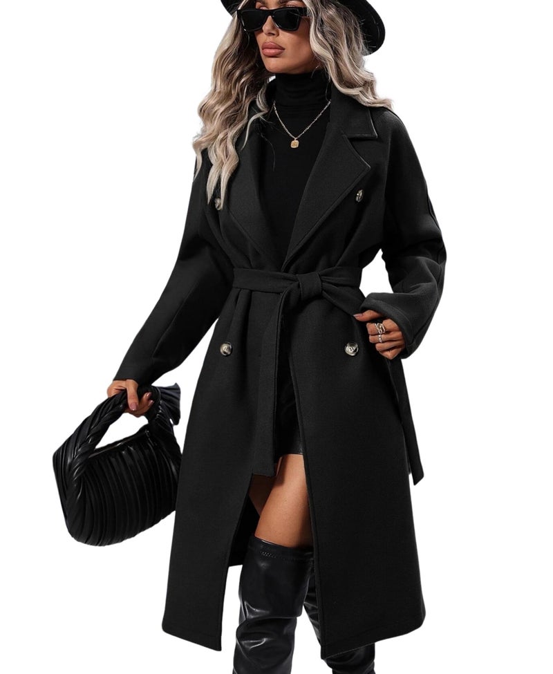 OPCAKM Women's Winter Wool Blend Pea Coat Double Breasted Notch Lapel Long Trench Coat(Black-S) - Image 1