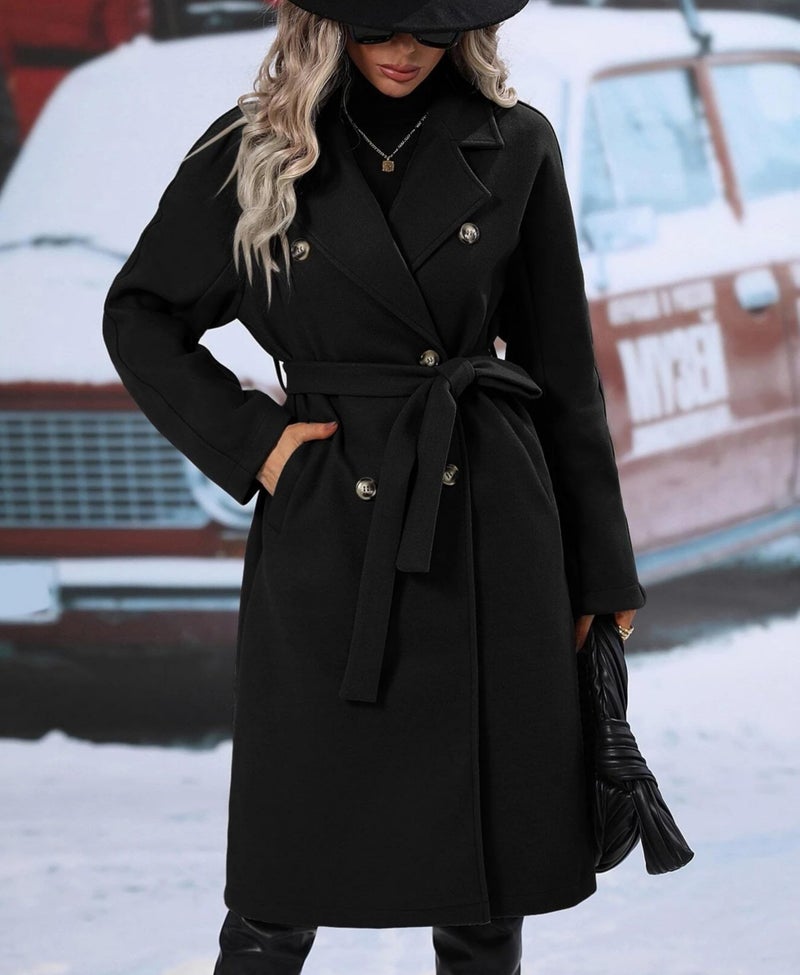 OPCAKM Women's Winter Wool Blend Pea Coat Double Breasted Notch Lapel Long Trench Coat(Black-S) - Image 4