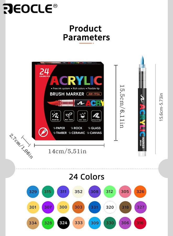 ريوكل 24 لونا من أقلام علامة الطلاء الاكريليك مع طرف فرشاة ناعمة للرسم على الحرف الفنية DIY الرسم على قماش الصخور الخشب السيراميك الزجاج حجر النسيج سطح للبالغين الاطفال المبتدئين الفنانين المحترفين - Image 3