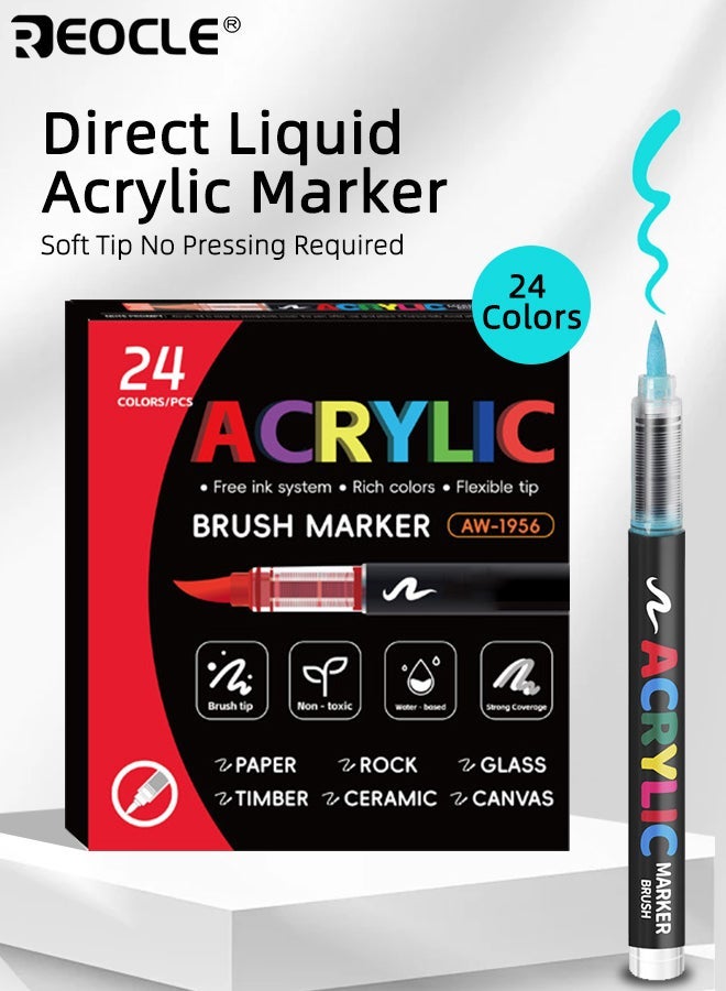 ريوكل 24 لونا من أقلام علامة الطلاء الاكريليك مع طرف فرشاة ناعمة للرسم على الحرف الفنية DIY الرسم على قماش الصخور الخشب السيراميك الزجاج حجر النسيج سطح للبالغين الاطفال المبتدئين الفنانين المحترفين - Image 1