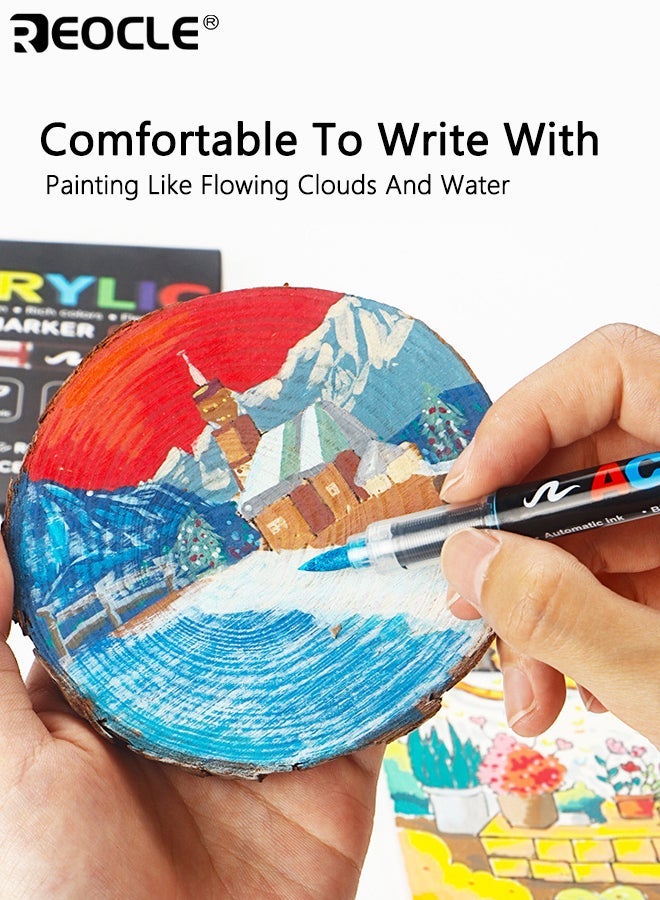 REOCLE 24 Colors Acrylic Paint Marker Pens Set with Soft Brush Tip for DIY Art Crafts Painting on Canvas Rocks Wood Ceramic Glass Stone Fabric Surface for Adults Kids Beginners Professional Artists - Image 3