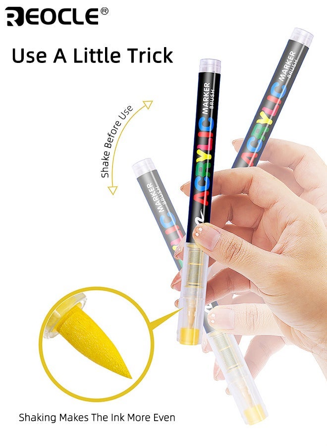 REOCLE 24 Colors Acrylic Paint Marker Pens Set with Soft Brush Tip for DIY Art Crafts Painting on Canvas Rocks Wood Ceramic Glass Stone Fabric Surface for Adults Kids Beginners Professional Artists - Image 4