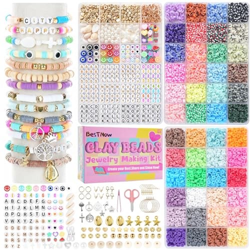 BestNow Bracelet Making Kit 48 Colors 3 Boxes Polymer Clay Beads Set Letter Beads for Jewelry Making Kit Friendship Bracelets Heshi Beads with Charms Strings Arts and Crafts Gift for Girls Adults - Image 1