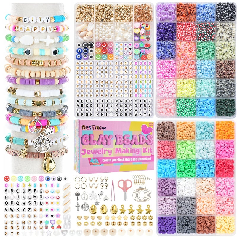 BestNow Bracelet Making Kit 48 Colors 3 Boxes Polymer Clay Beads Set Letter Beads for Jewelry Making Kit Friendship Bracelets Heshi Beads with Charms Strings Arts and Crafts Gift for Girls Adults - Image 2