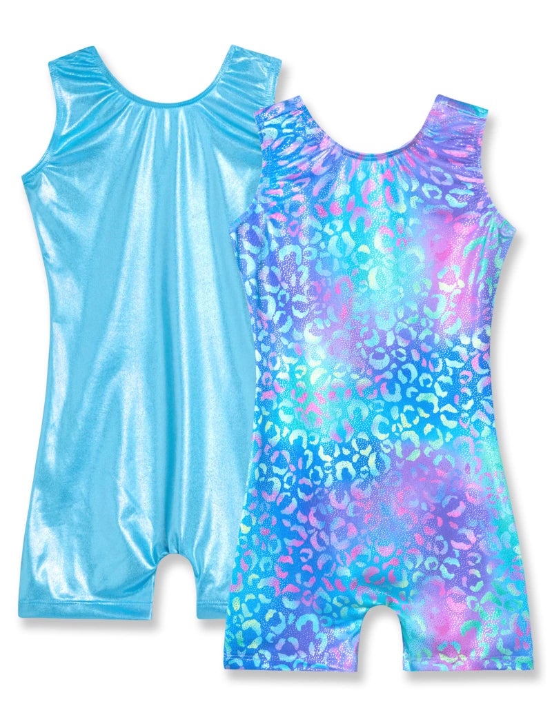Nymphperi Girls Gymnastics Leotards Size 7-8 Years Old Shiny Green Purple Leopard Biketards Solid Blue Unitards 2 Pack - Image 1