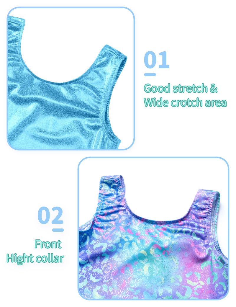 Nymphperi Girls Gymnastics Leotards Size 7-8 Years Old Shiny Green Purple Leopard Biketards Solid Blue Unitards 2 Pack - Image 3