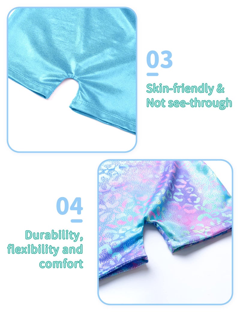 Nymphperi Girls Gymnastics Leotards Size 7-8 Years Old Shiny Green Purple Leopard Biketards Solid Blue Unitards 2 Pack - Image 4
