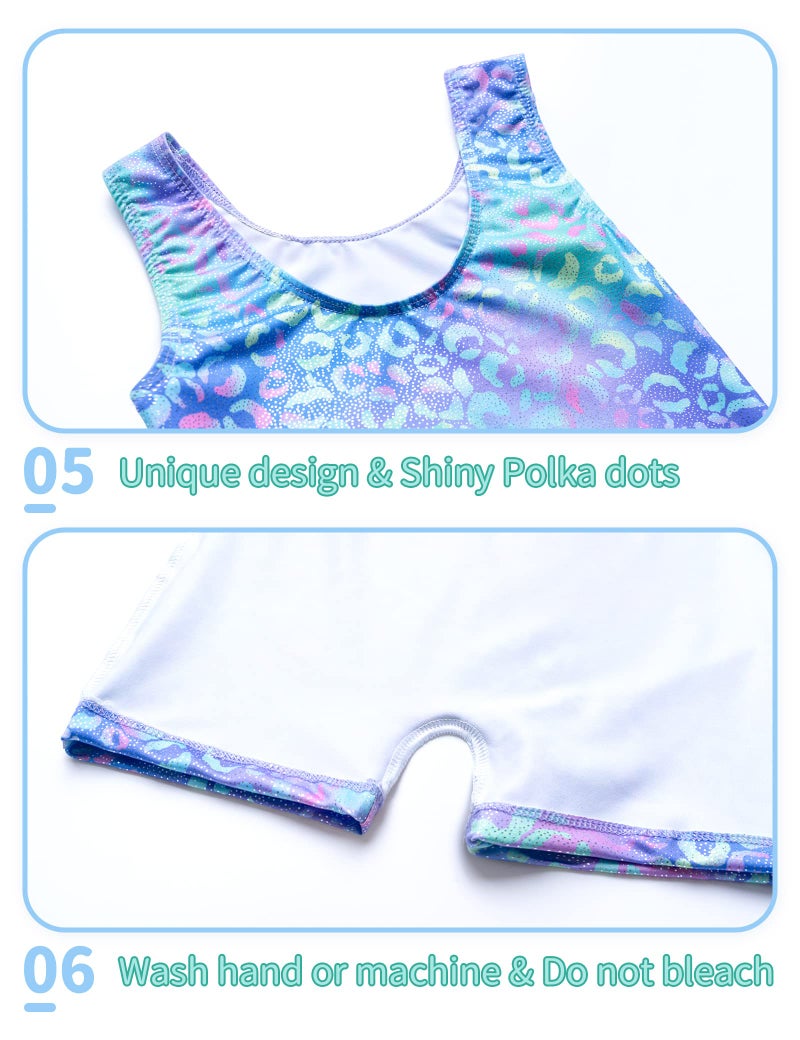 Nymphperi Girls Gymnastics Leotards Size 7-8 Years Old Shiny Green Purple Leopard Biketards Solid Blue Unitards 2 Pack - Image 5