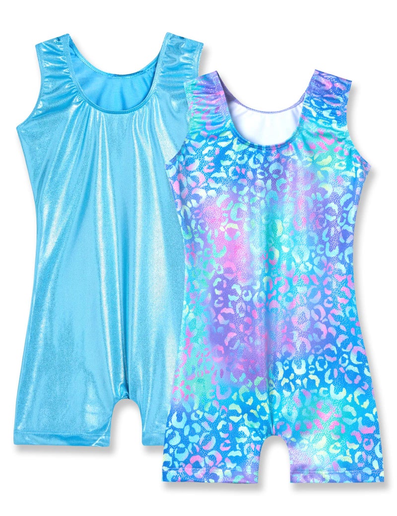 Nymphperi Girls Gymnastics Leotards Size 7-8 Years Old Shiny Green Purple Leopard Biketards Solid Blue Unitards 2 Pack - Image 2