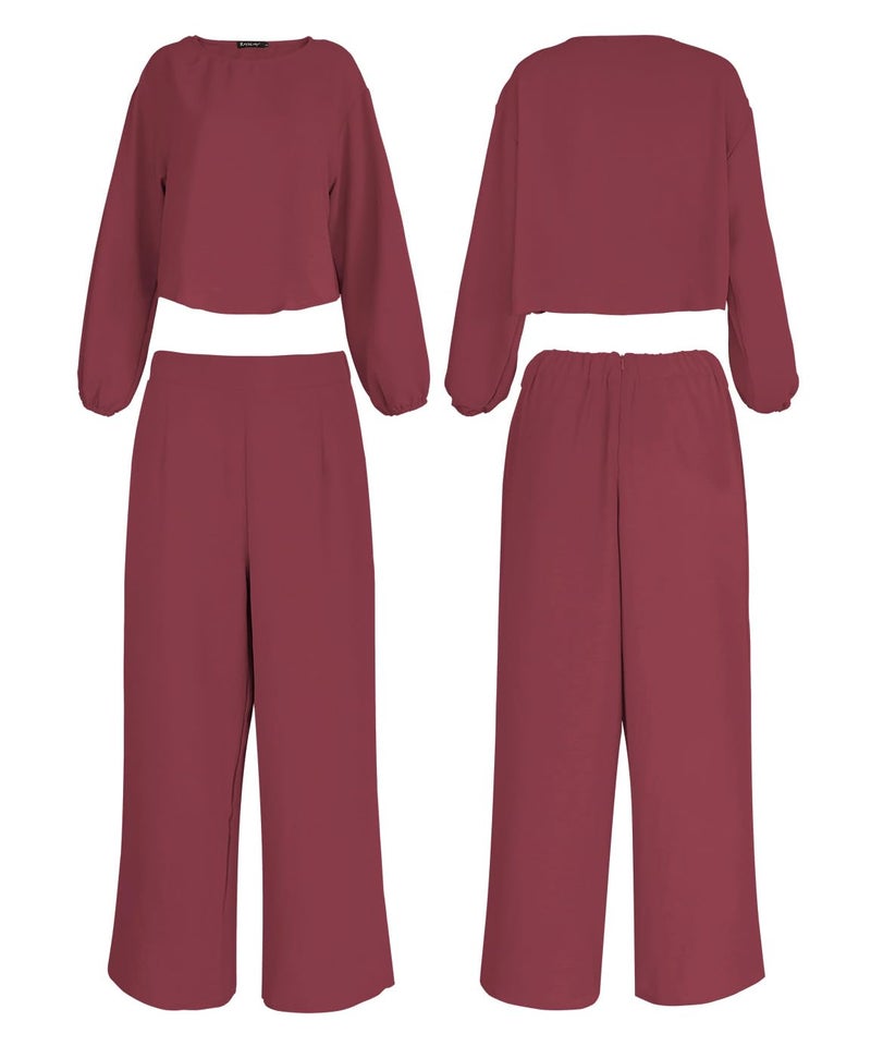 ROYLAMP Women's Fall 2 Piece Outfits Long Sleeve Round Neck Crop Top Wide Leg Pants Set with Pockets Dark Fuchsia S - Image 5