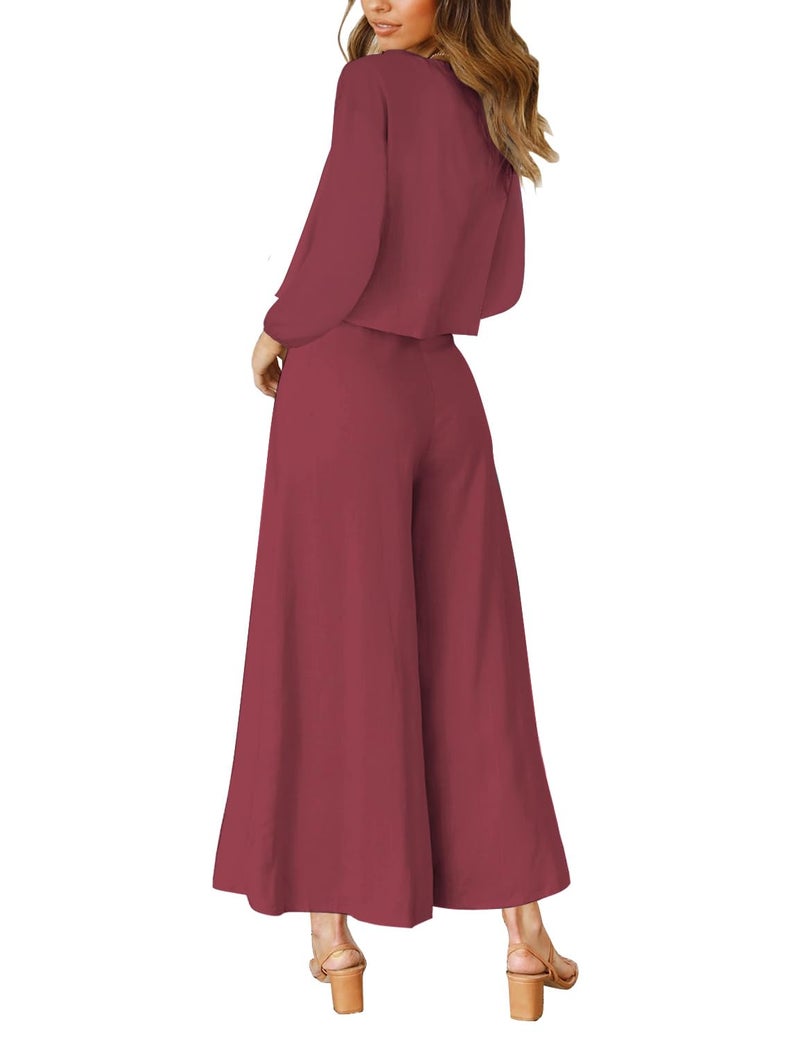 ROYLAMP Women's Fall 2 Piece Outfits Long Sleeve Round Neck Crop Top Wide Leg Pants Set with Pockets Dark Fuchsia S - Image 3