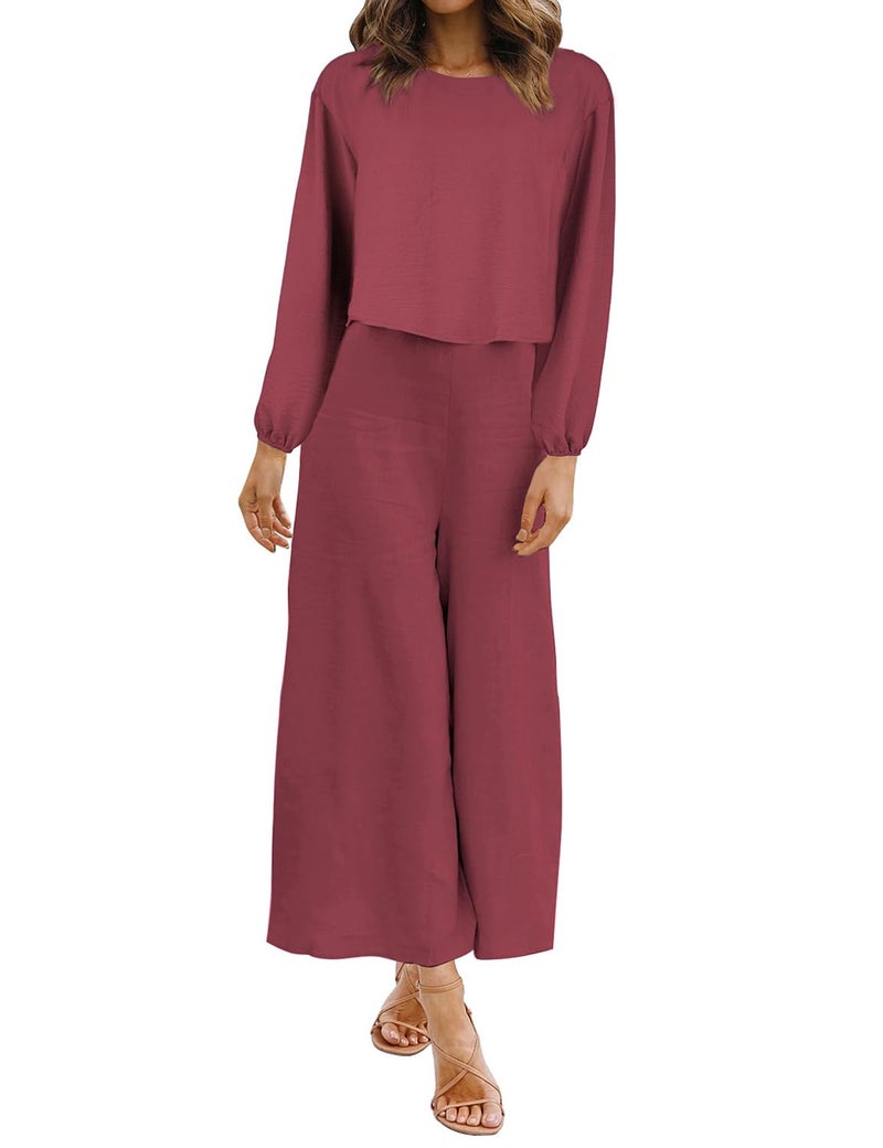 ROYLAMP Women's Fall 2 Piece Outfits Long Sleeve Round Neck Crop Top Wide Leg Pants Set with Pockets Dark Fuchsia S - Image 2