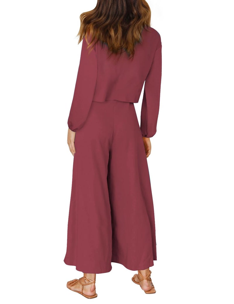 ROYLAMP Women's Fall 2 Piece Outfits Long Sleeve Round Neck Crop Top Wide Leg Pants Set with Pockets Dark Fuchsia S - Image 4