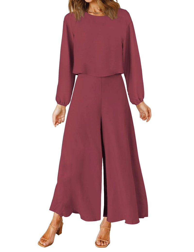ROYLAMP Women's Fall 2 Piece Outfits Long Sleeve Round Neck Crop Top Wide Leg Pants Set with Pockets Dark Fuchsia S - Image 1