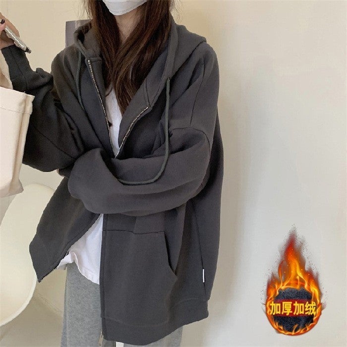 Heavyweight Fish Scale Hoodie Womens Casual Zip-Up Dark gray (velvet)
