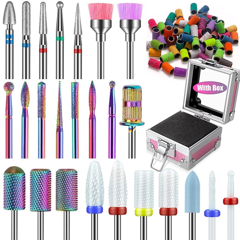 Depvko 25Pcs Nail Drill Bits Set: 3/32 Tungsten Carbide Ceramic Diamond Cuticle Safety Professional Drill Bits Nail Tech with Pink Holder Case & 50Pcs Sanding Bands for acrylic gel Remover Manicure Pedicure - Image 1