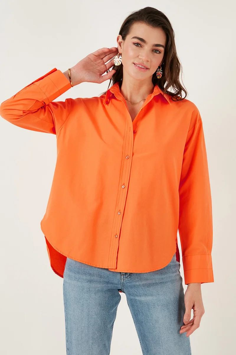 ليلا Cotton Regular Fit Short Front Long Back Oval Cut Shirt Women's Shirt CF25S163867